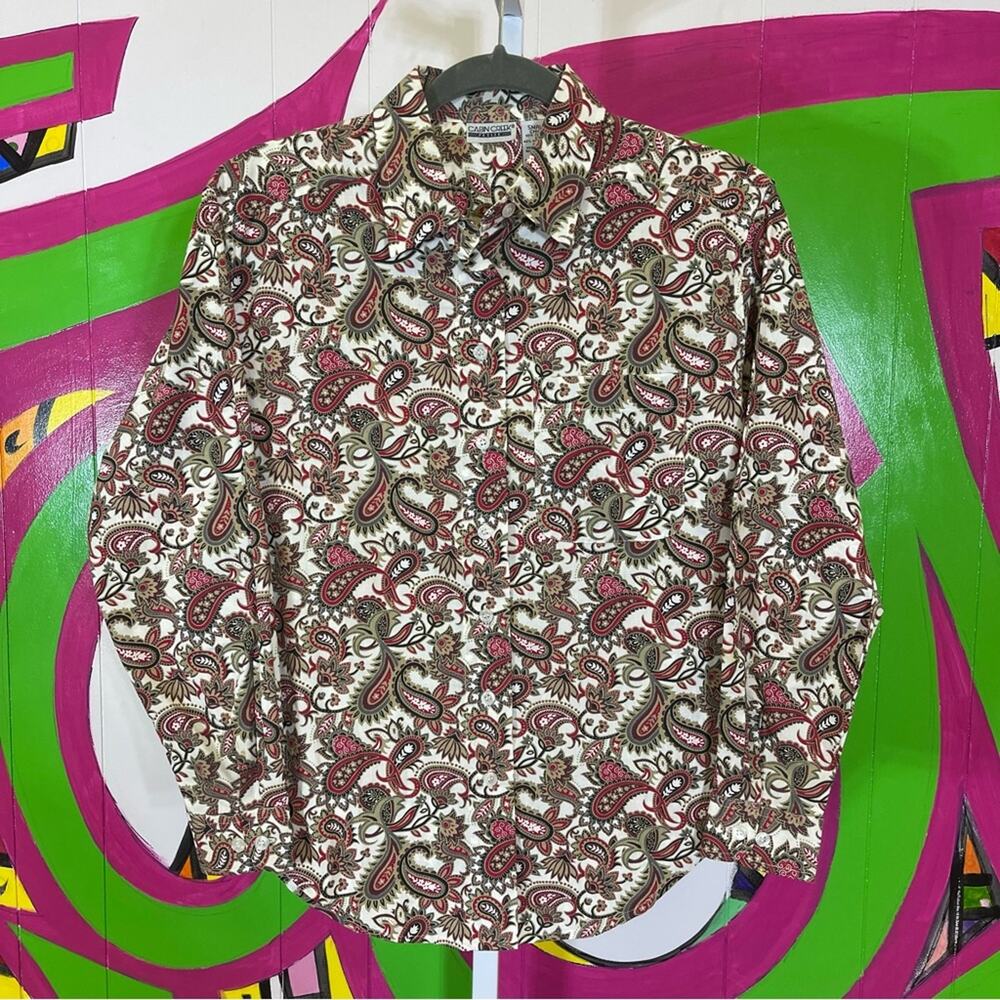 Cabin Creek Petite, Paisley Long Sleeve Button Down Shirt. Size Small.